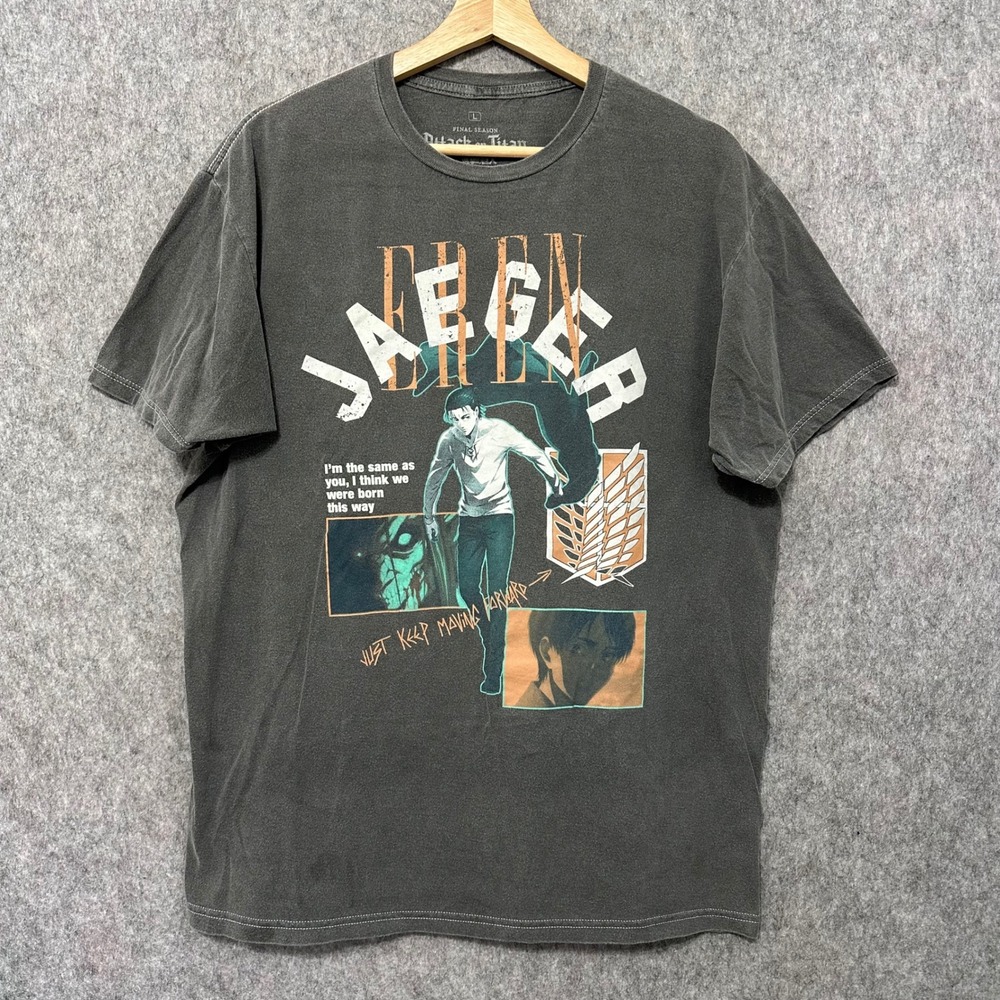 Attack on Titan T-Shirt Mens Large Gray Eren Jaeger Anime Graphic Short Sleeve